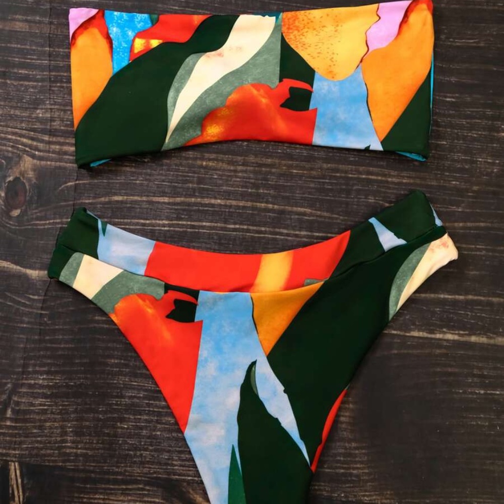 Boho Red front tie color block high waisted bikini - Picture 3 of 4